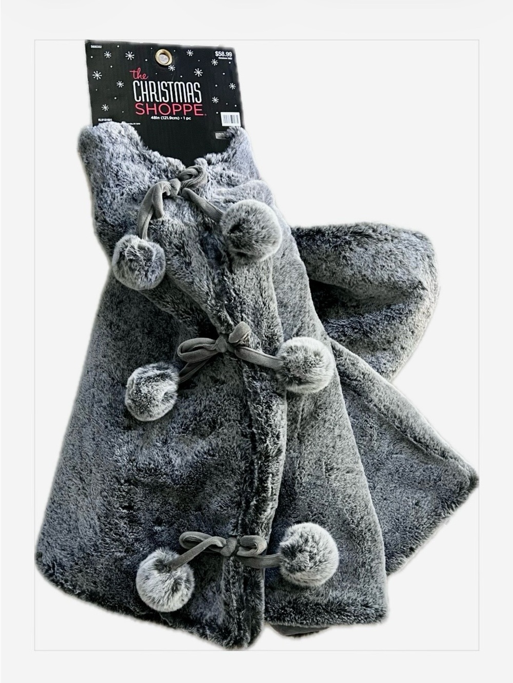 The Christmas Shoppe Tree Skirt Gray Faux Fur Pom-Pom Accents